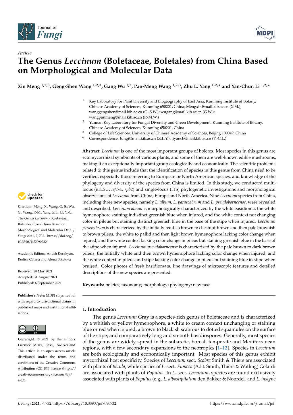 The Genus Leccinum (Boletaceae, Boletales) from China Based on Morphological and Molecular Data