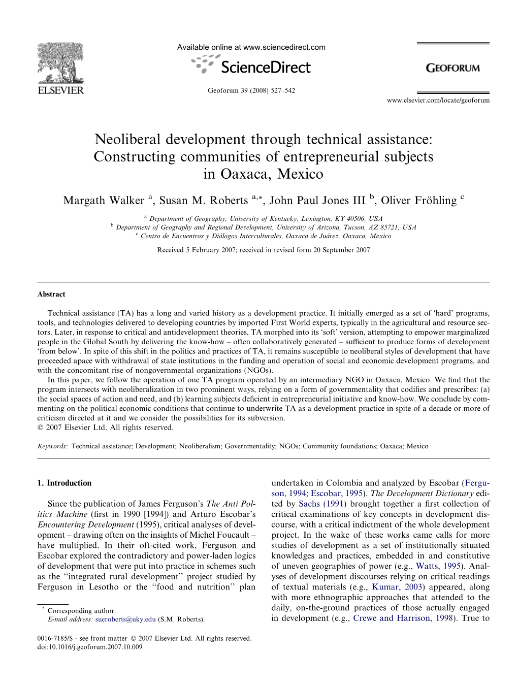 Neoliberal Development Through Technical Assistance: Constructing Communities of Entrepreneurial Subjects in Oaxaca, Mexico