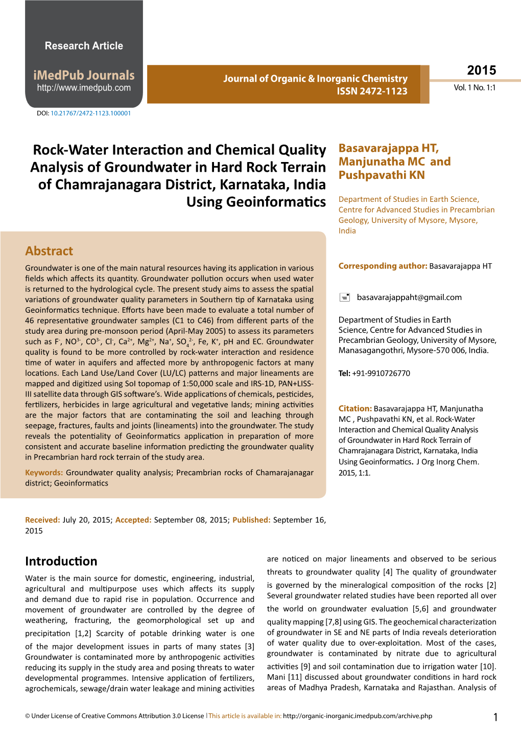 Rock-Water Interaction and Chemical Quality Analysis of Groundwater In