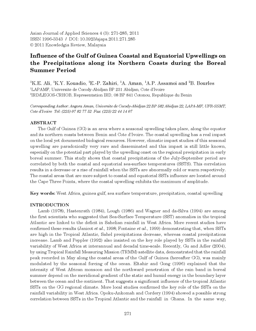 Influence of the Gulf of Guinea Coastal and Equatorial Upwellings on the Precipitations Along Its Northern Coasts During the Boreal Summer Period