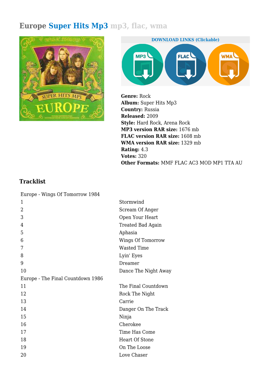 Europe Super Hits Mp3 Mp3, Flac, Wma