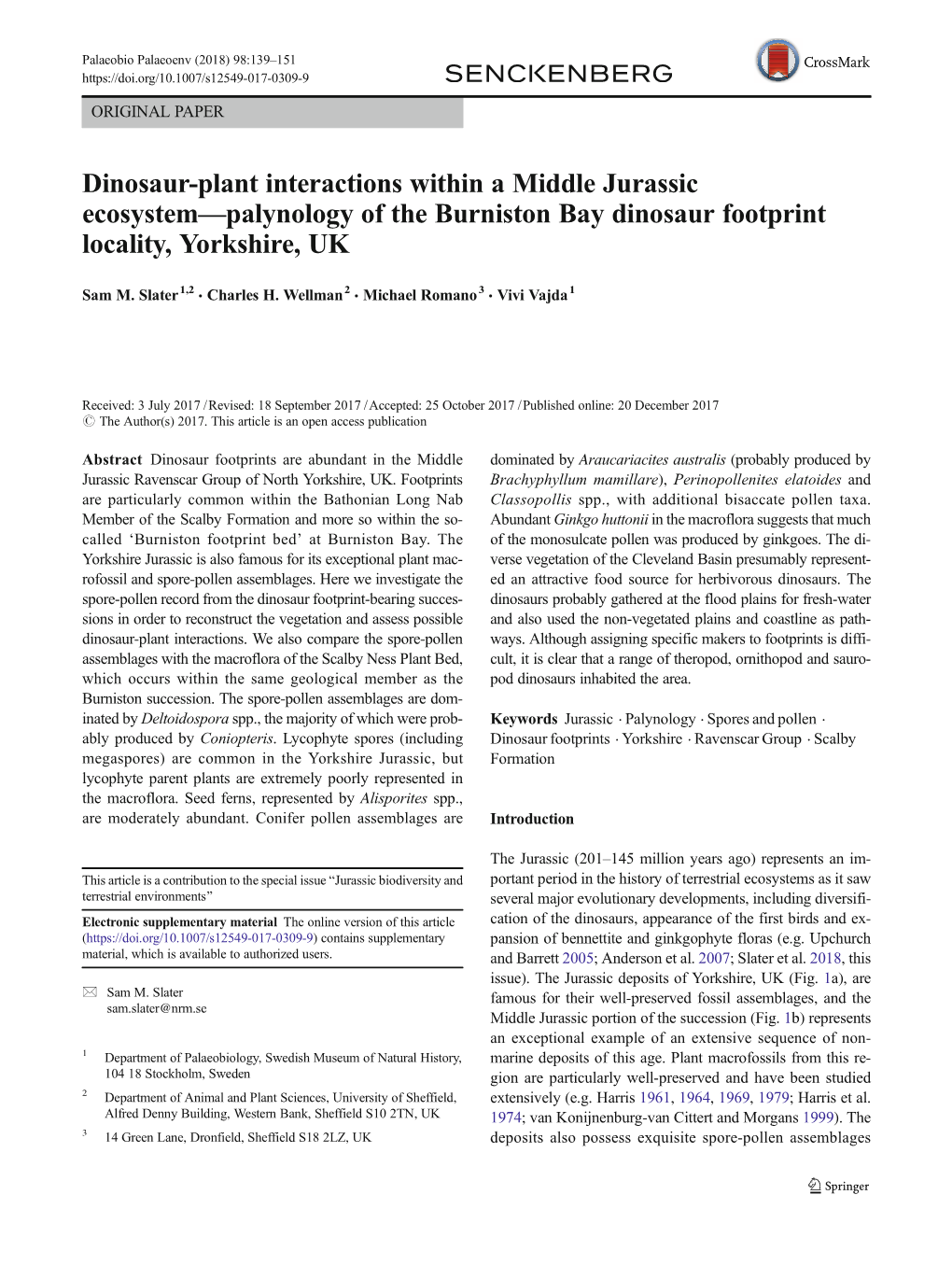 Dinosaur-Plant Interactions Within a Middle Jurassic Ecosystem—Palynology of the Burniston Bay Dinosaur Footprint Locality, Yorkshire, UK