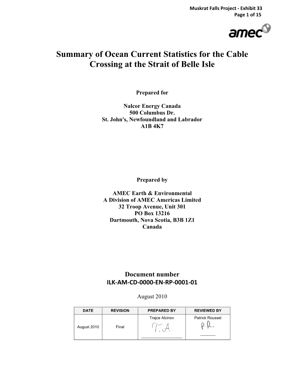 Exhibit 33: Summary of Ocean Current Statistics for the Cable Crossing