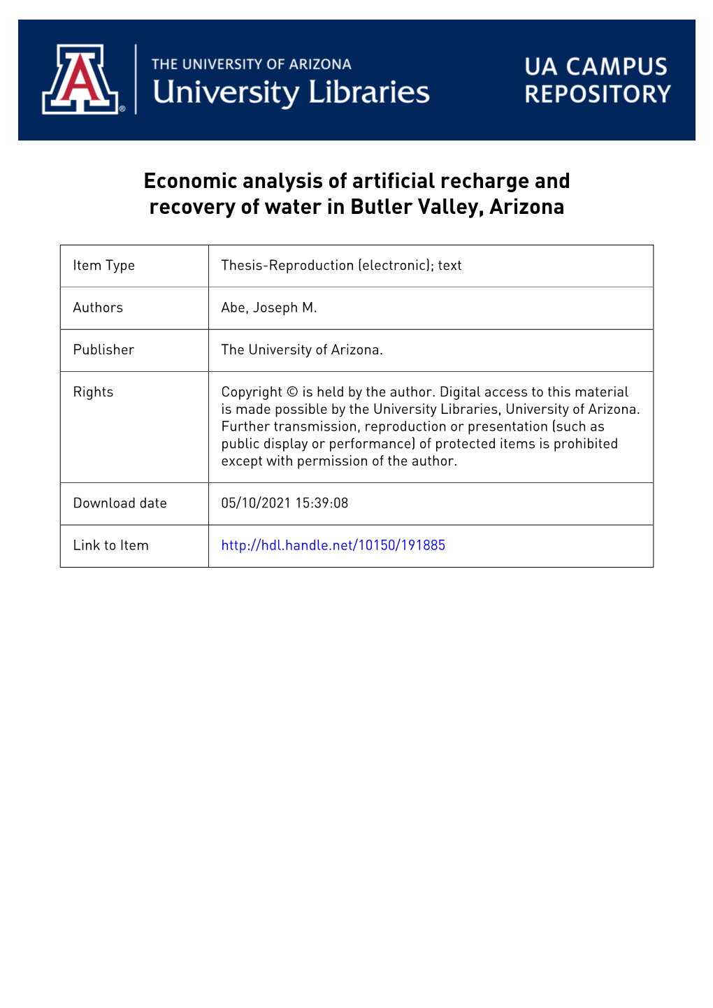 Economic Analysis of Artificial Recharge and Recovery of Water in Butler Valley, Arizona