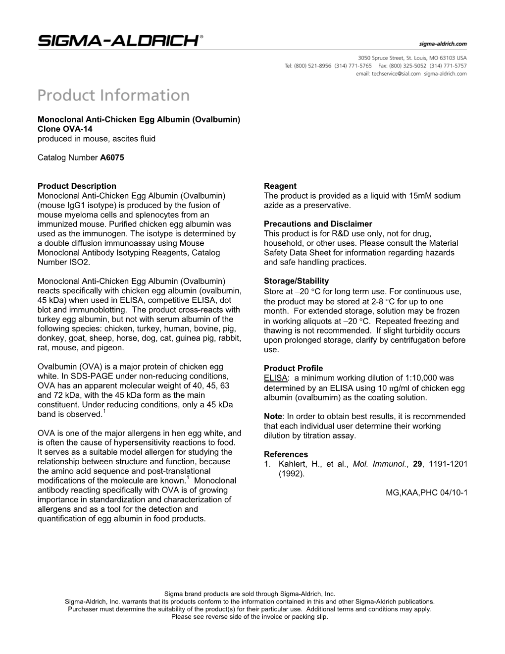 Monoclonal Anti-Chicken Egg Albumin (Ovalbumin), Clone OVA-14