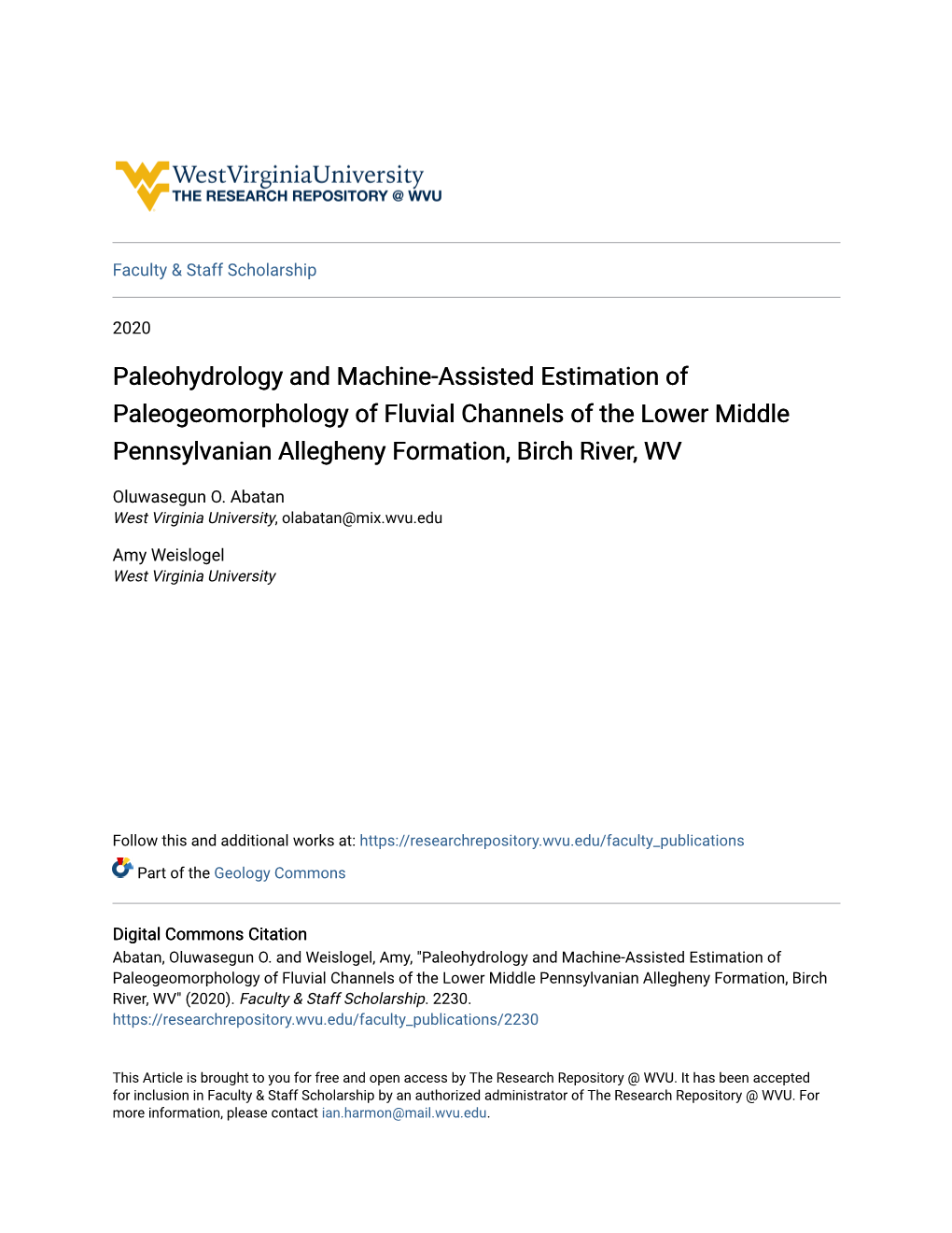 Paleohydrology and Machine-Assisted Estimation of Paleogeomorphology of Fluvial Channels of the Lower Middle Pennsylvanian Allegheny Formation, Birch River, WV