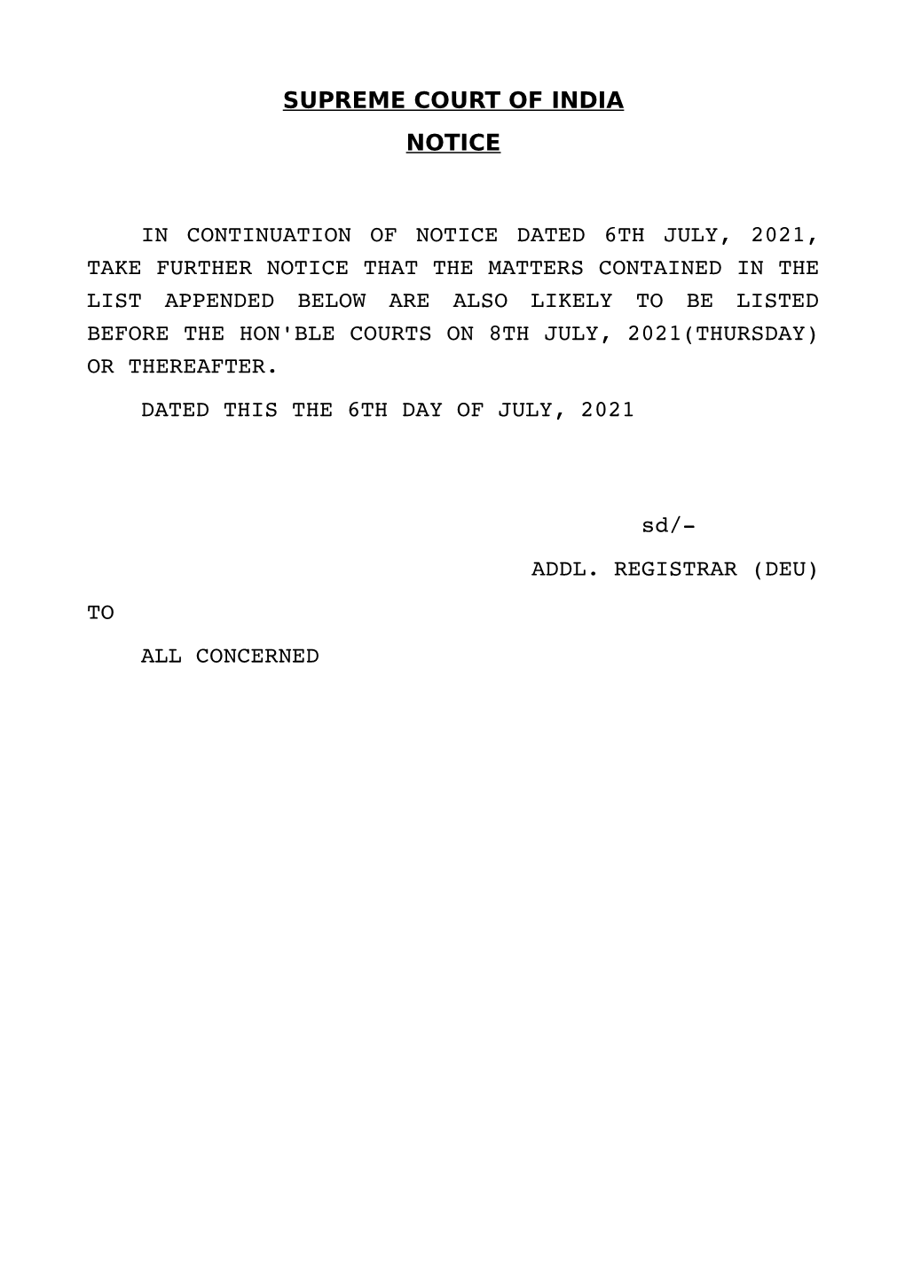 Supreme Court of India Notice