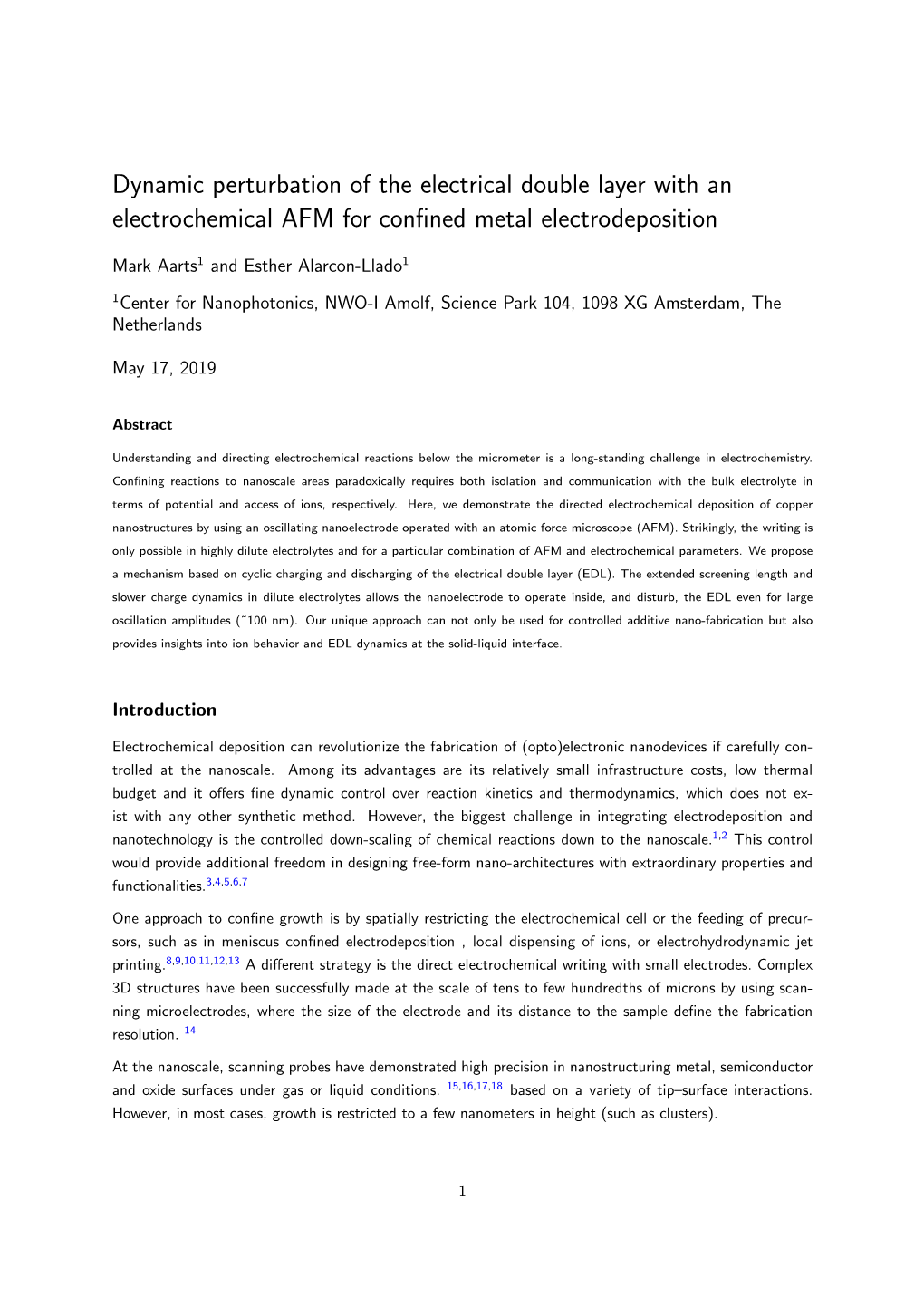 Dynamic Perturbation of the Electrical Double Layer with an Electrochemical AFM for Conﬁned Metal Electrodeposition