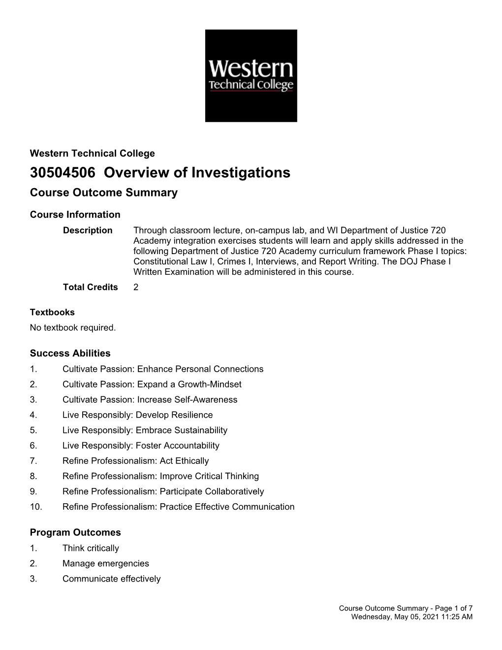 30504506 Overview of Investigations Course Outcome Summary