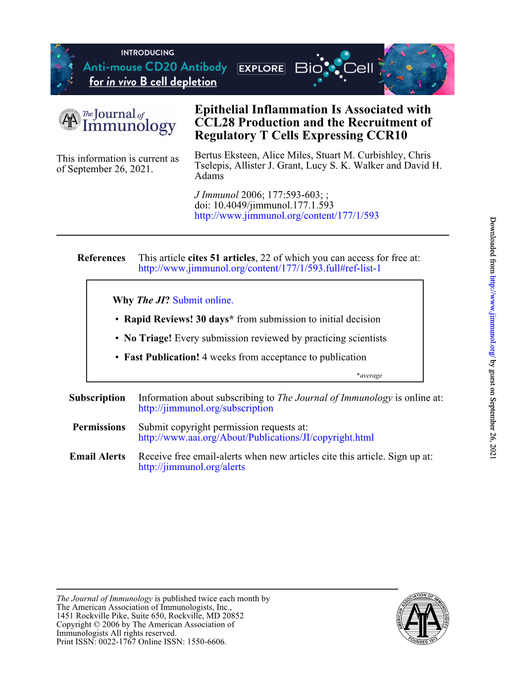 Epithelial Inflammation Is Associated with CCL28 Production and the Recruitment of Regulatory T Cells Expressing CCR10