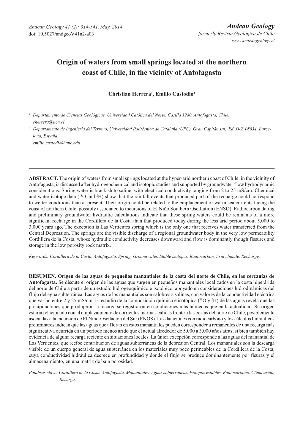 Origin of Waters from Small Springs Located at the Northern Coast of Chile, in the Vicinity of Antofagasta