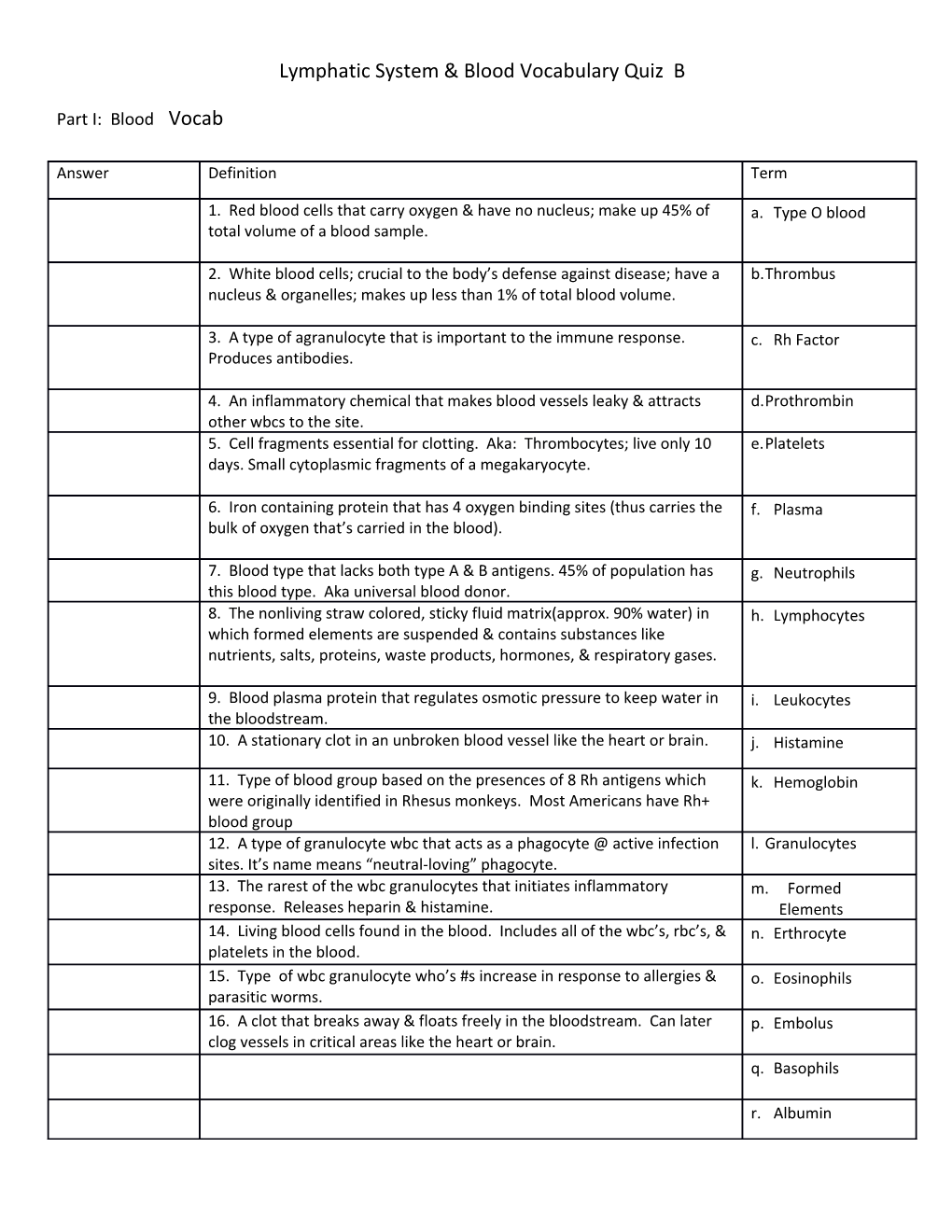 Lymphatic System & Blood Vocabulary Quiz B