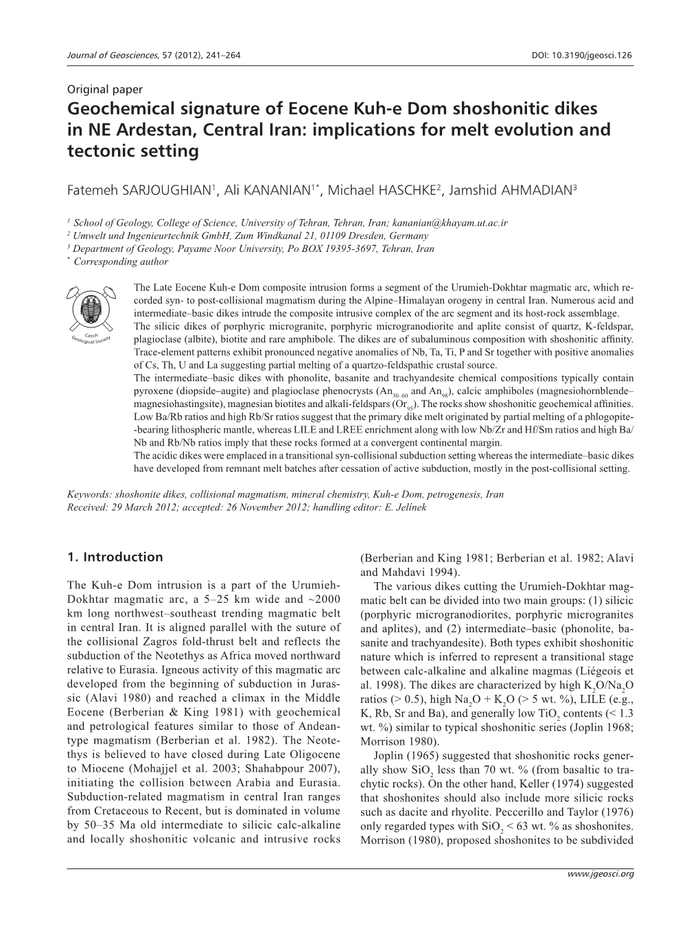 Geochemical Signature of Eocene Kuh-E Dom Shoshonitic Dikes in NE Ardestan, Central Iran: Implications for Melt Evolution and Tectonic Setting