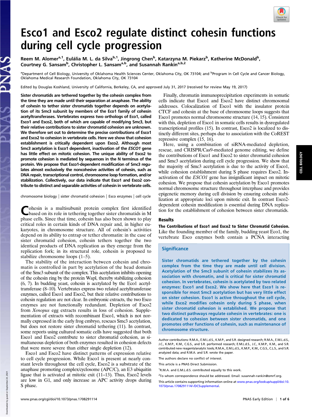 Esco1 and Esco2 Regulate Distinct Cohesin Functions During Cell Cycle Progression