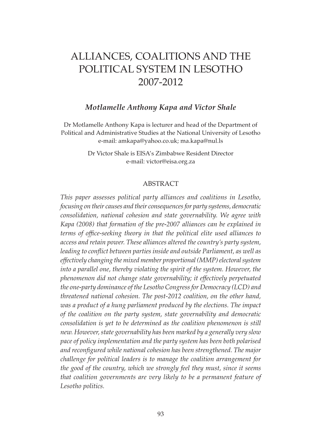 Alliances, Coalitions and the Political System in Lesotho 2007-2012