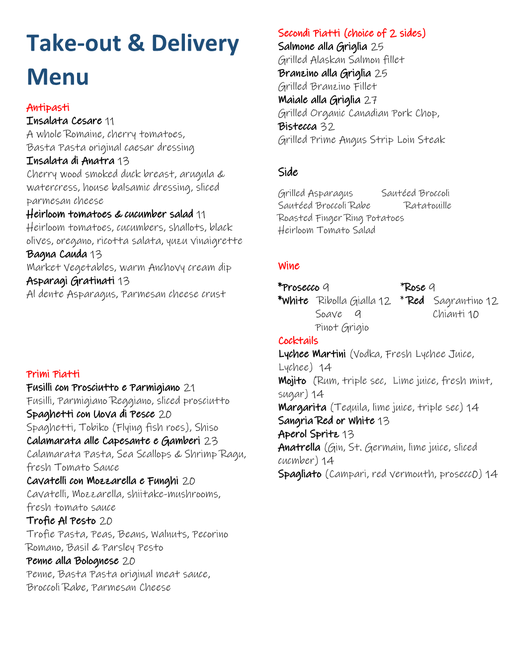 Take-Out & Delivery Menu