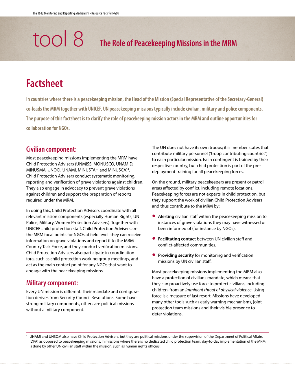 Tool 8: Factsheet 'The Role of Peacekeeping Missions in the MRM'