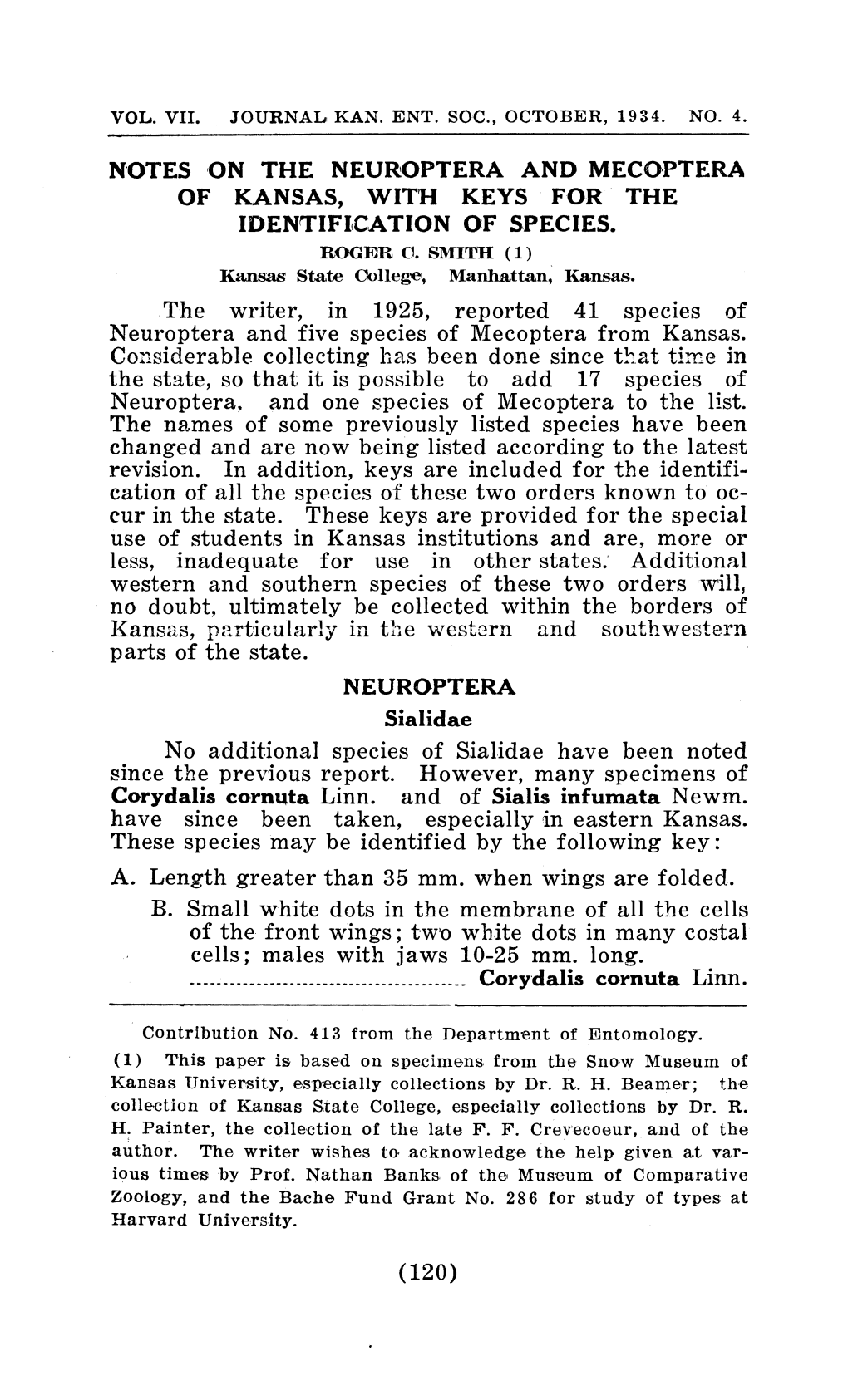 Notes on the Neuroptera and Mecoptera of Kansas, with Keys for the Identification of Species