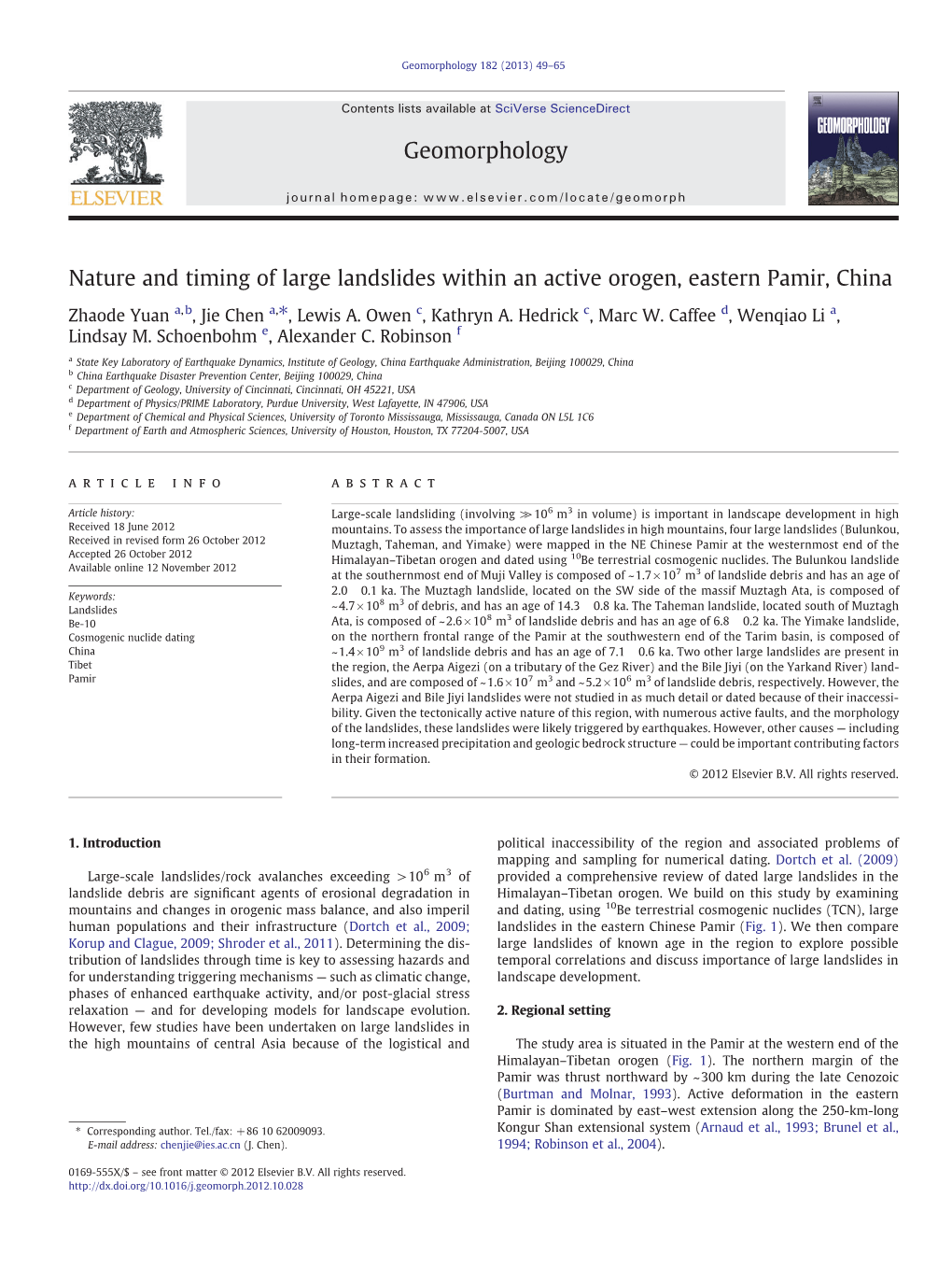 Nature and Timing of Large Landslides Within an Active Orogen, Eastern Pamir, China