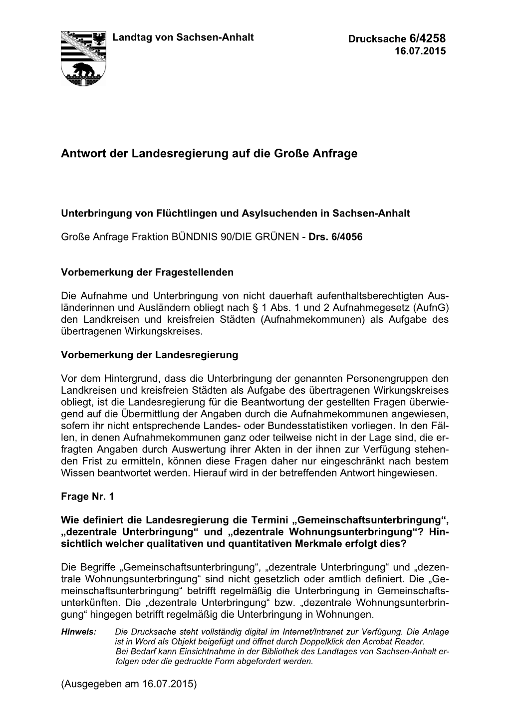 Antwort Der Landesregierung Auf Die Große Anfrage