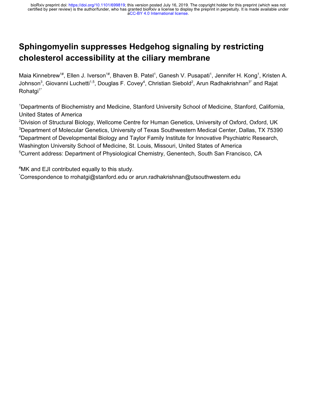 Sphingomyelin Suppresses Hedgehog Signaling by Restricting Cholesterol Accessibility at the Ciliary Membrane