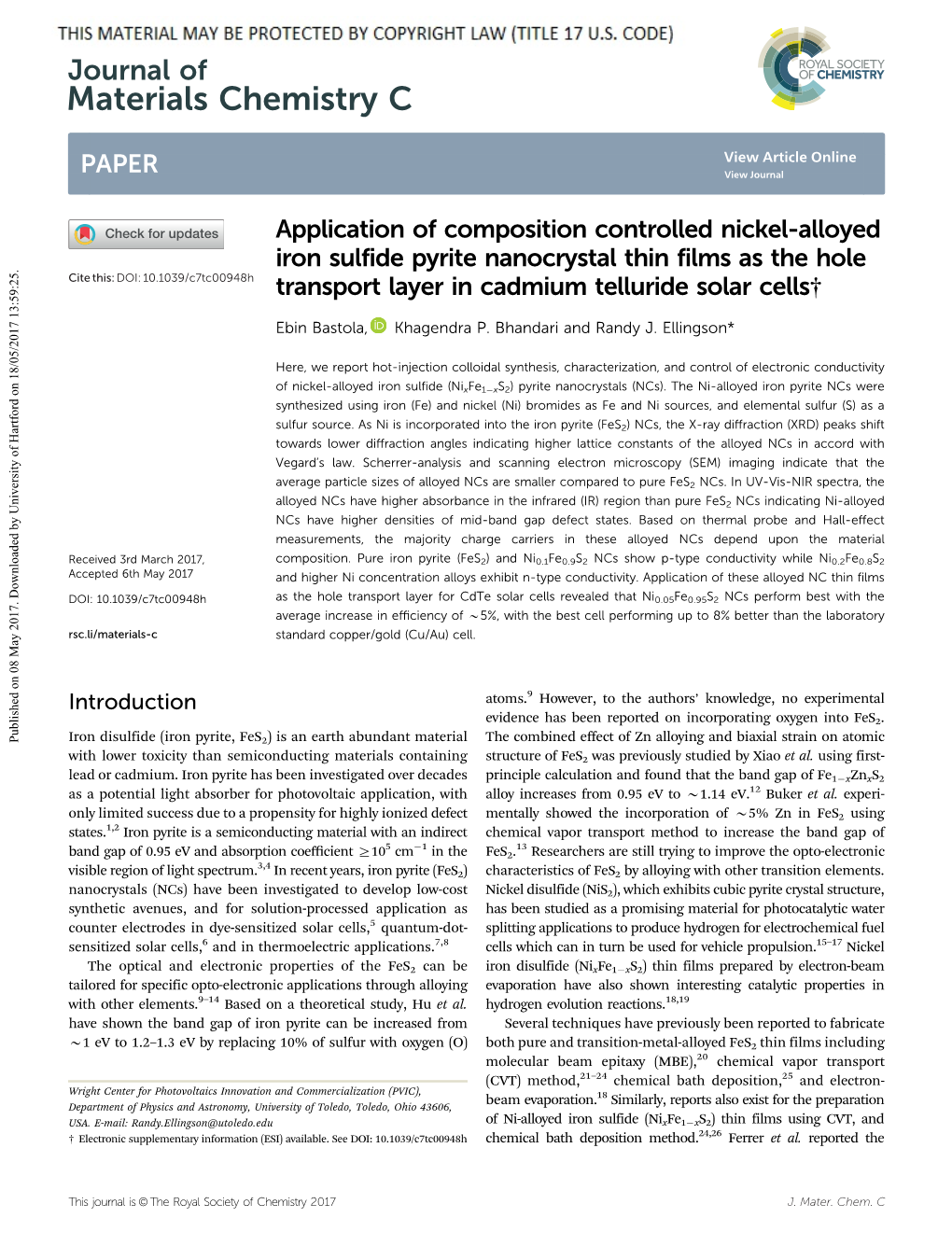 Application of Composition Controlled Nickel-Alloyed Iron Sulfide Pyrite Nanocrystal Thin Films As the Hole Transport