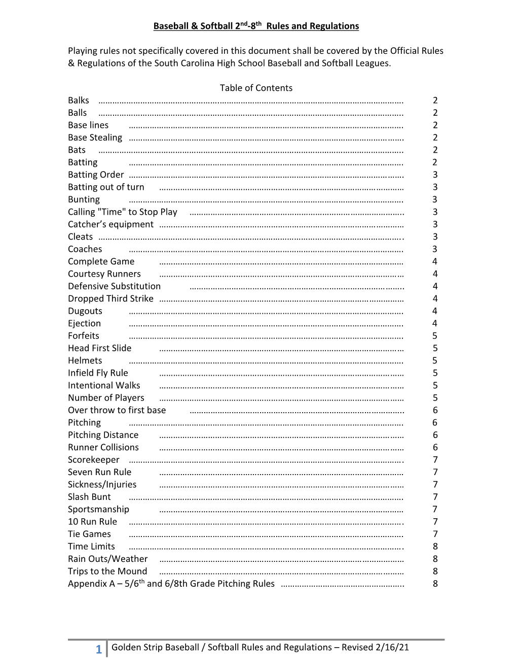 1 Golden Strip Baseball / Softball Rules and Regulations – Revised 2/16/21