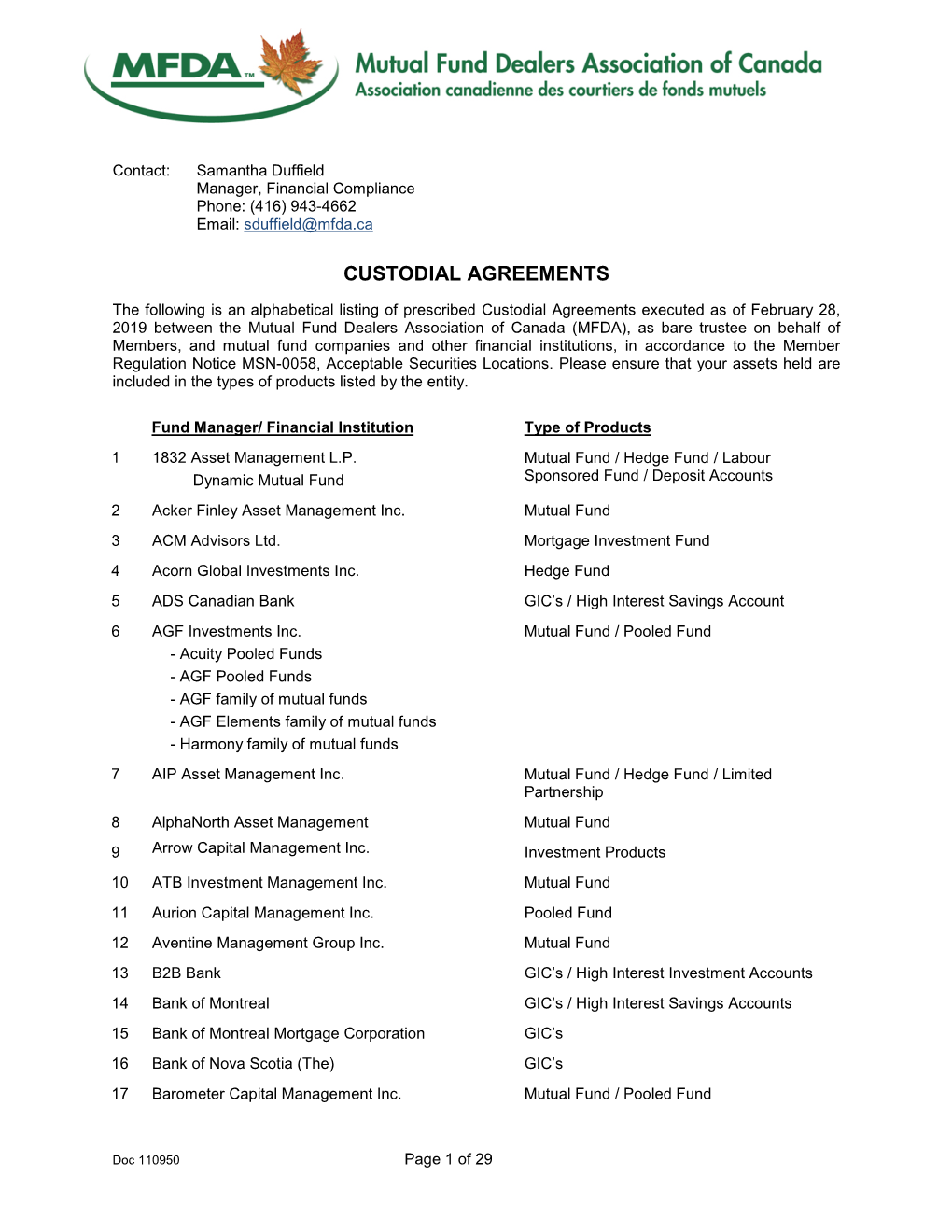 Custodial Agreements Listing As at February 28, 2019