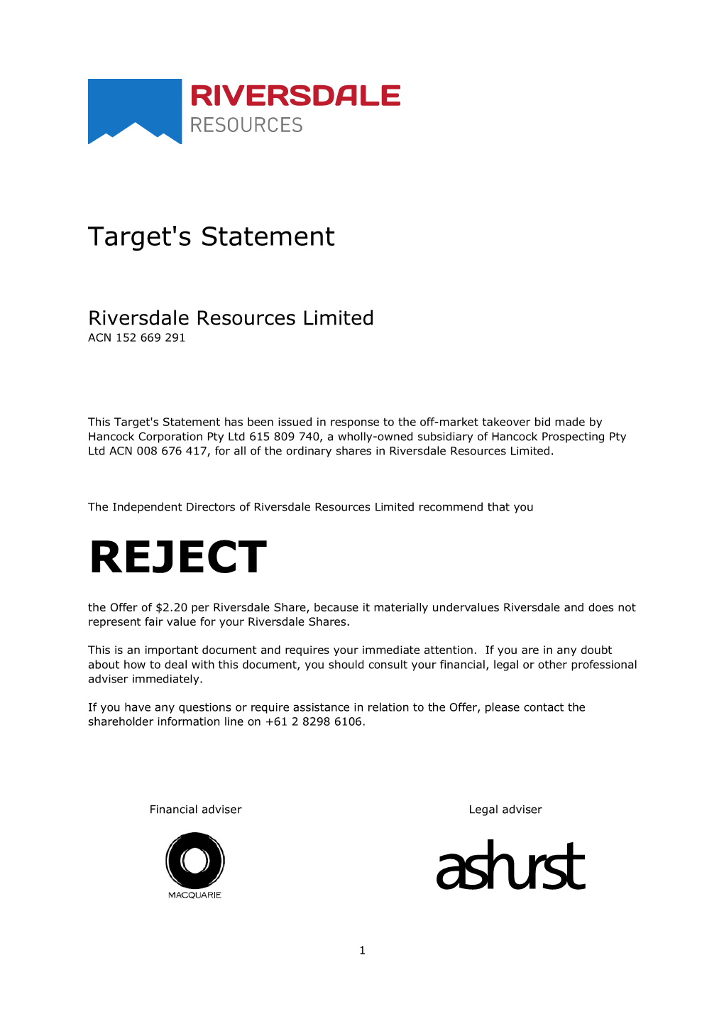 Riversdale Resources Target's Statement, 28 March 2019