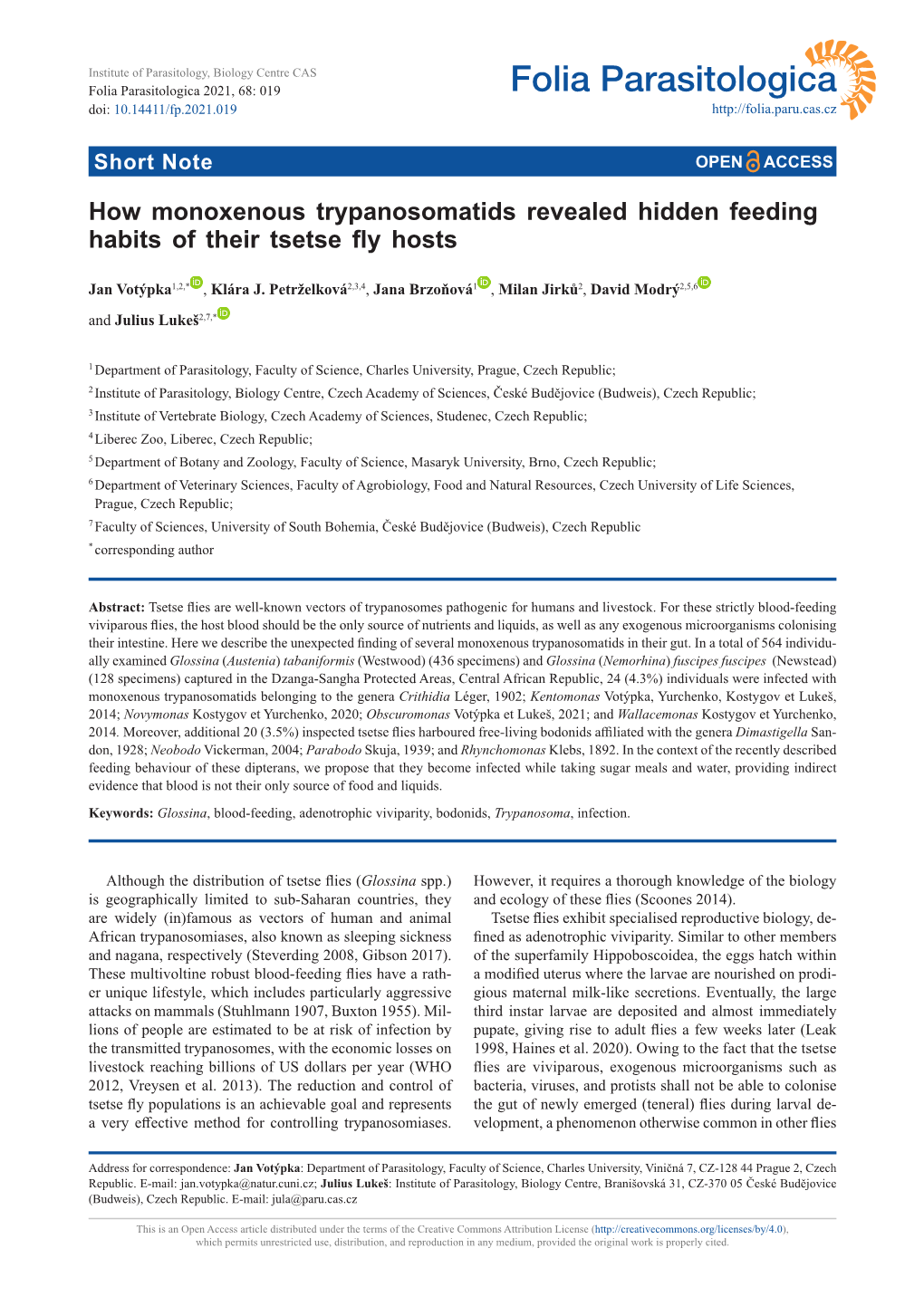 How Monoxenous Trypanosomatids Revealed Hidden Feeding Habits of Their Tsetse Fly Hosts