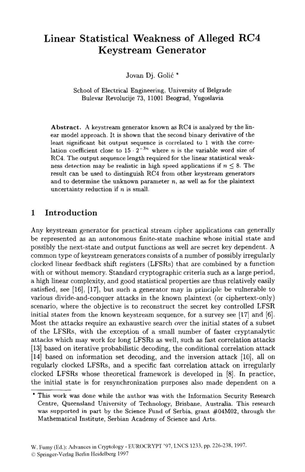 Linear Statistical Weakness of Alleged RC4 Keystream Generator