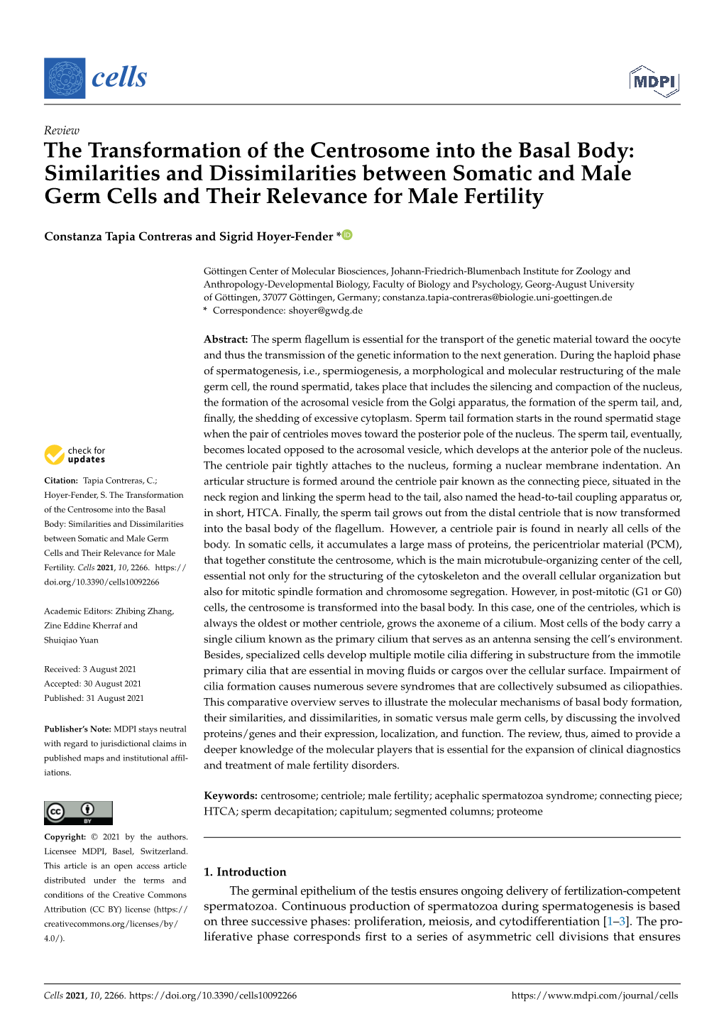 The Transformation of the Centrosome Into the Basal Body: Similarities and Dissimilarities Between Somatic and Male Germ Cells and Their Relevance for Male Fertility