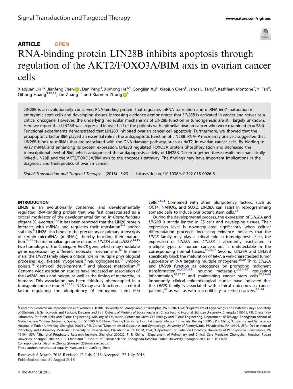 RNA-Binding Protein LIN28B Inhibits Apoptosis Through Regulation of the AKT2/FOXO3A/BIM Axis in Ovarian Cancer Cells