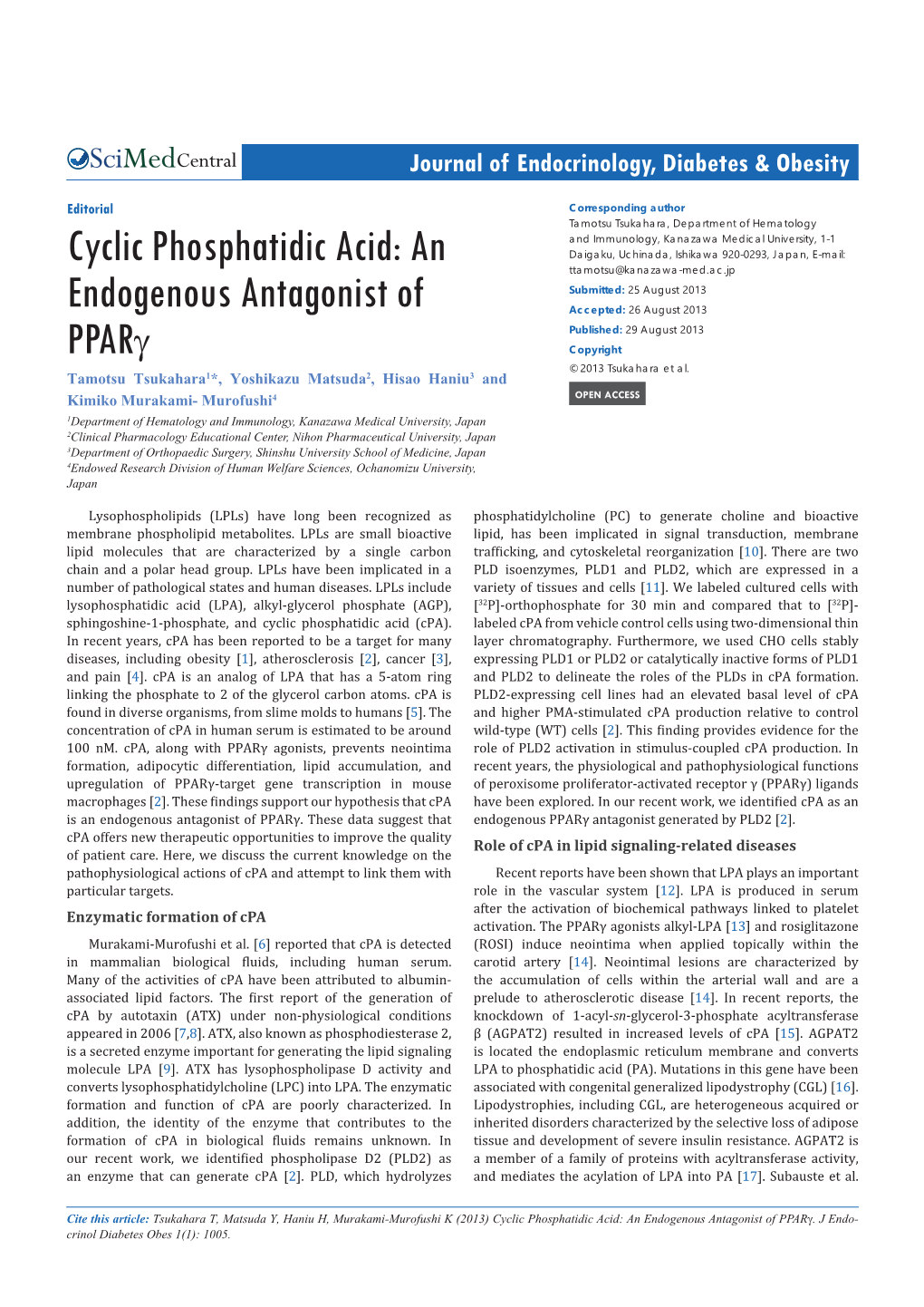 Cyclic Phosphatidic Acid: an Endogenous Antagonist of Pparγ