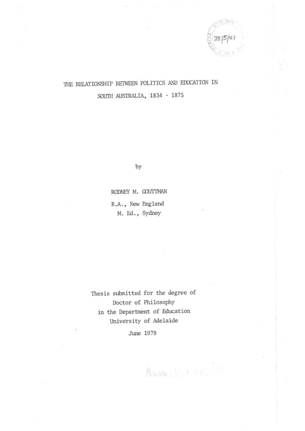 The Relationship Between Politics and Education in South Australia, 1834-1875