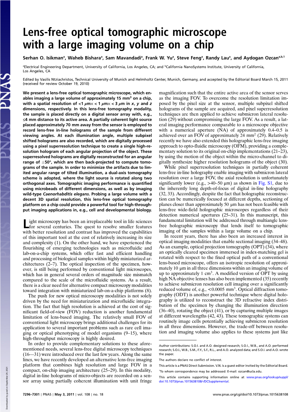 Lens-Free Optical Tomographic Microscope with a Large Imaging Volume on a Chip