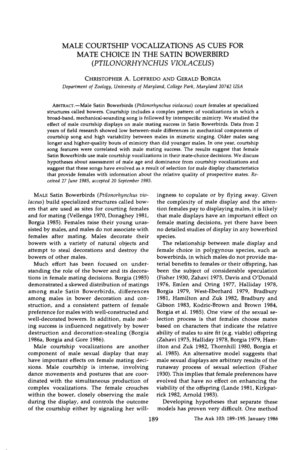 Male Courtship Vocalizations As Cues for Mate Choice in the Satin Bowerbird (Ptilonorhynchus Violaceus)