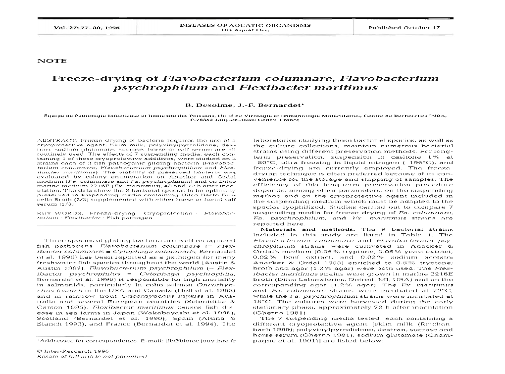 Freeze-Drying of Flavobacterium Columnare, Flavobacterium Psychrophilum and Flexibacter Maritimus