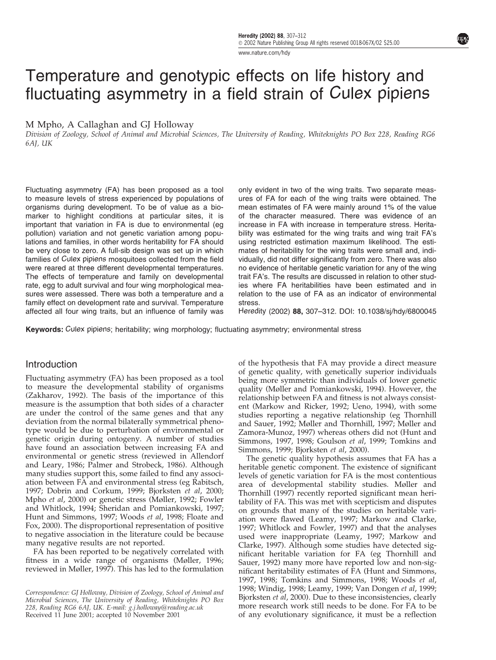 Temperature and Genotypic Effects on Life History and Fluctuating Asymmetry in a Field Strain of Culex Pipiens