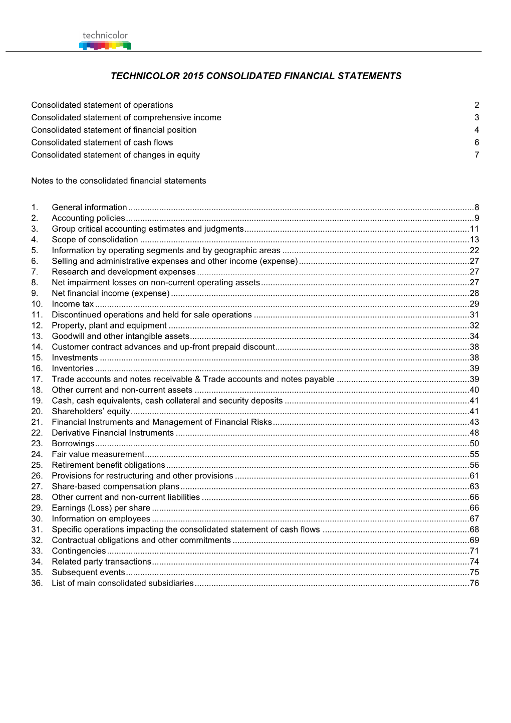 Technicolor 2015 Consolidated Financial Statements