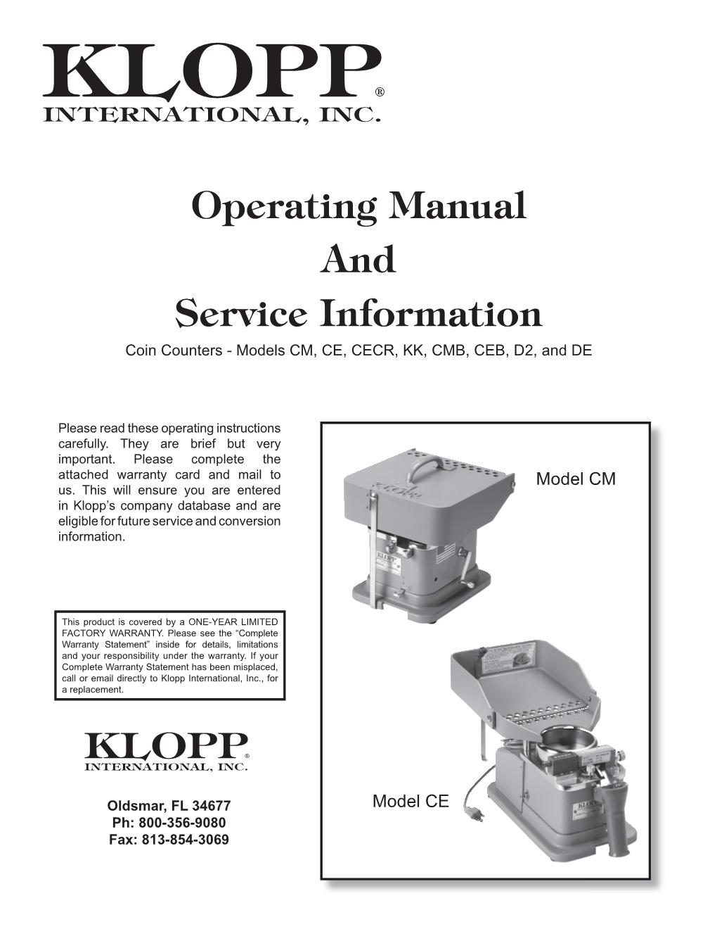 KLOPP Coin Counters Operating Manual