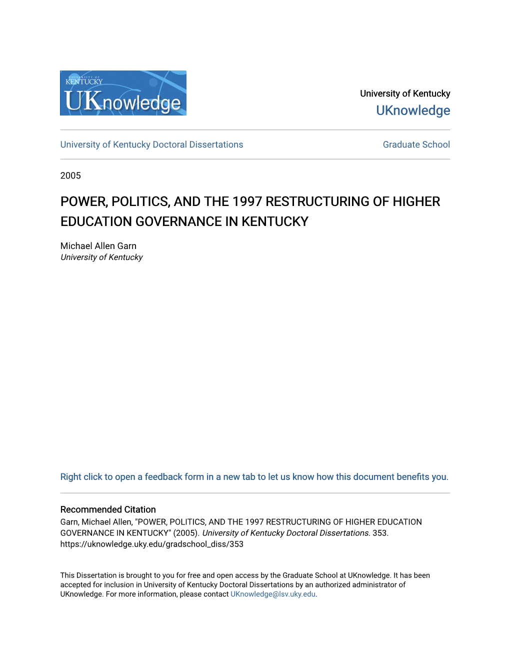 Power, Politics, and the 1997 Restructuring of Higher Education Governance in Kentucky