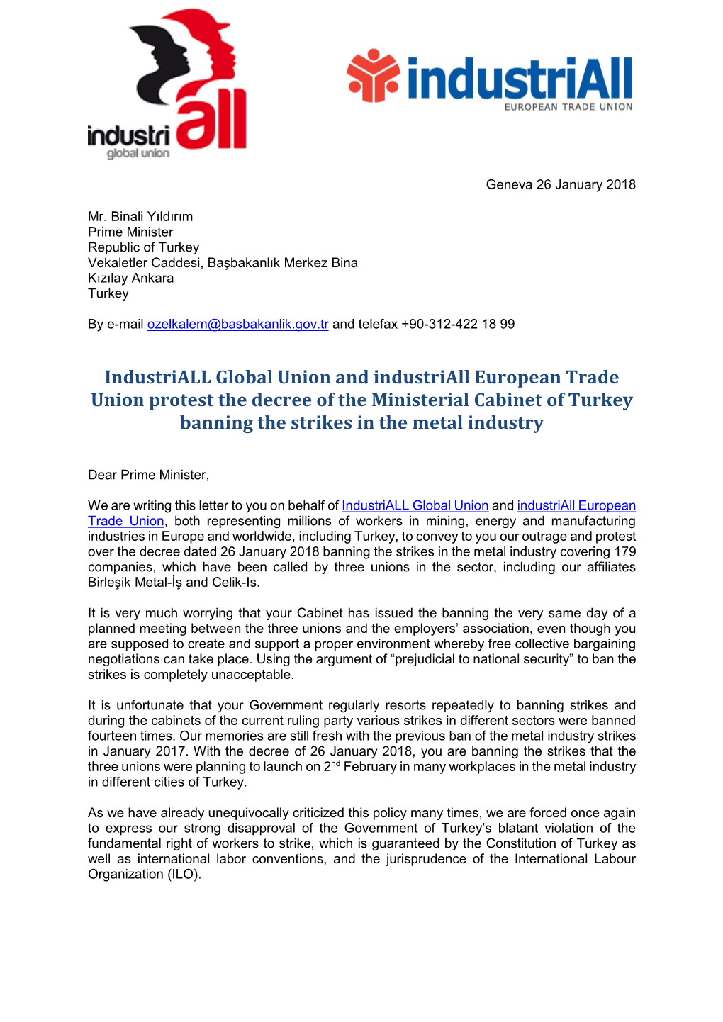 Industriall Global Union and Industriall European Trade Union Protest the Decree of the Ministerial Cabinet of Turkey Banning the Strikes in the Metal Industry