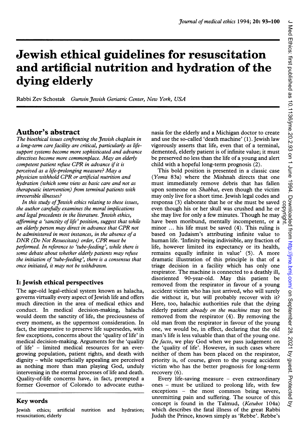 Jewish Ethical Guidelines for Resuscitation and Artificial Nutrition and Hydration of the Dying Elderly