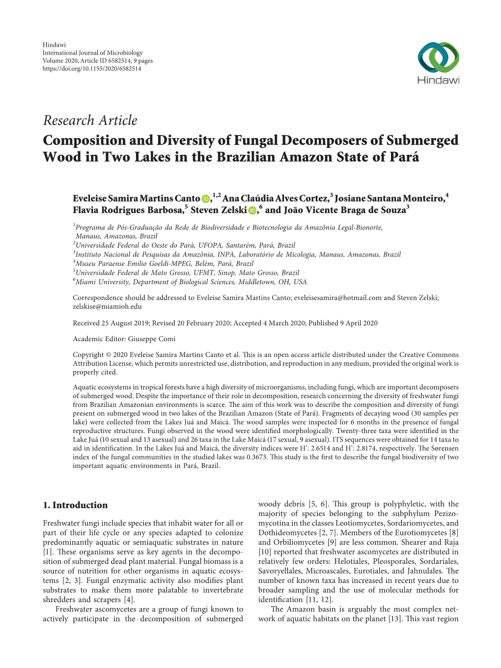 Composition and Diversity of Fungal Decomposers of Submerged Wood in Two Lakes in the Brazilian Amazon State of Para´