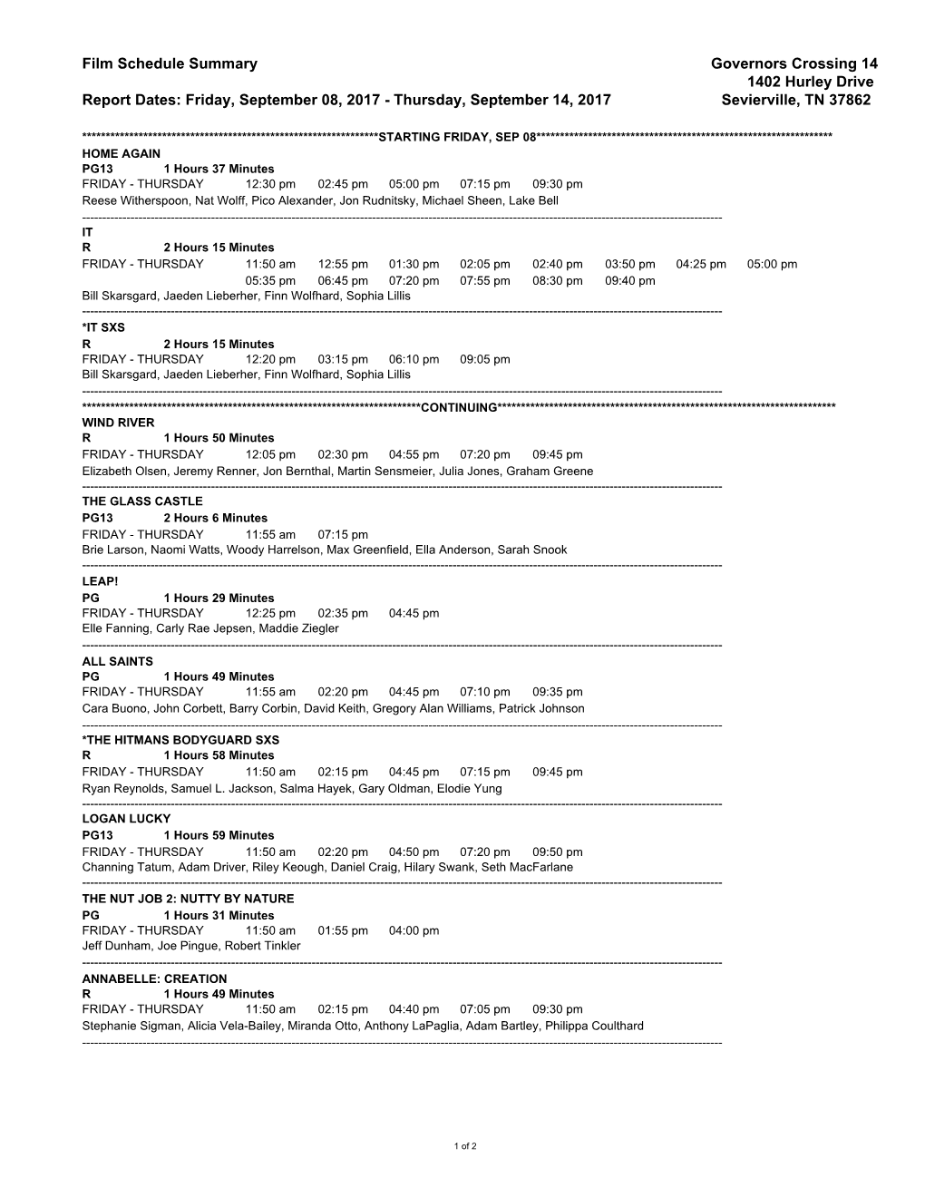 Film Schedule Summary Governors Crossing 14 1402 Hurley Drive Report Dates: Friday, September 08, 2017 - Thursday, September 14, 2017 Sevierville, TN 37862