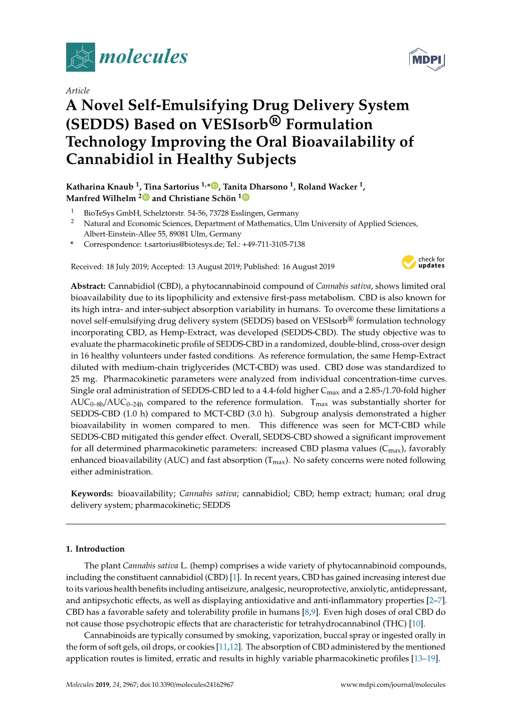 A Novel Self-Emulsifying Drug Delivery System (SEDDS) Based on Vesisorb® Formulation Technology Improving the Oral Bioavailability of Cannabidiol in Healthy Subjects