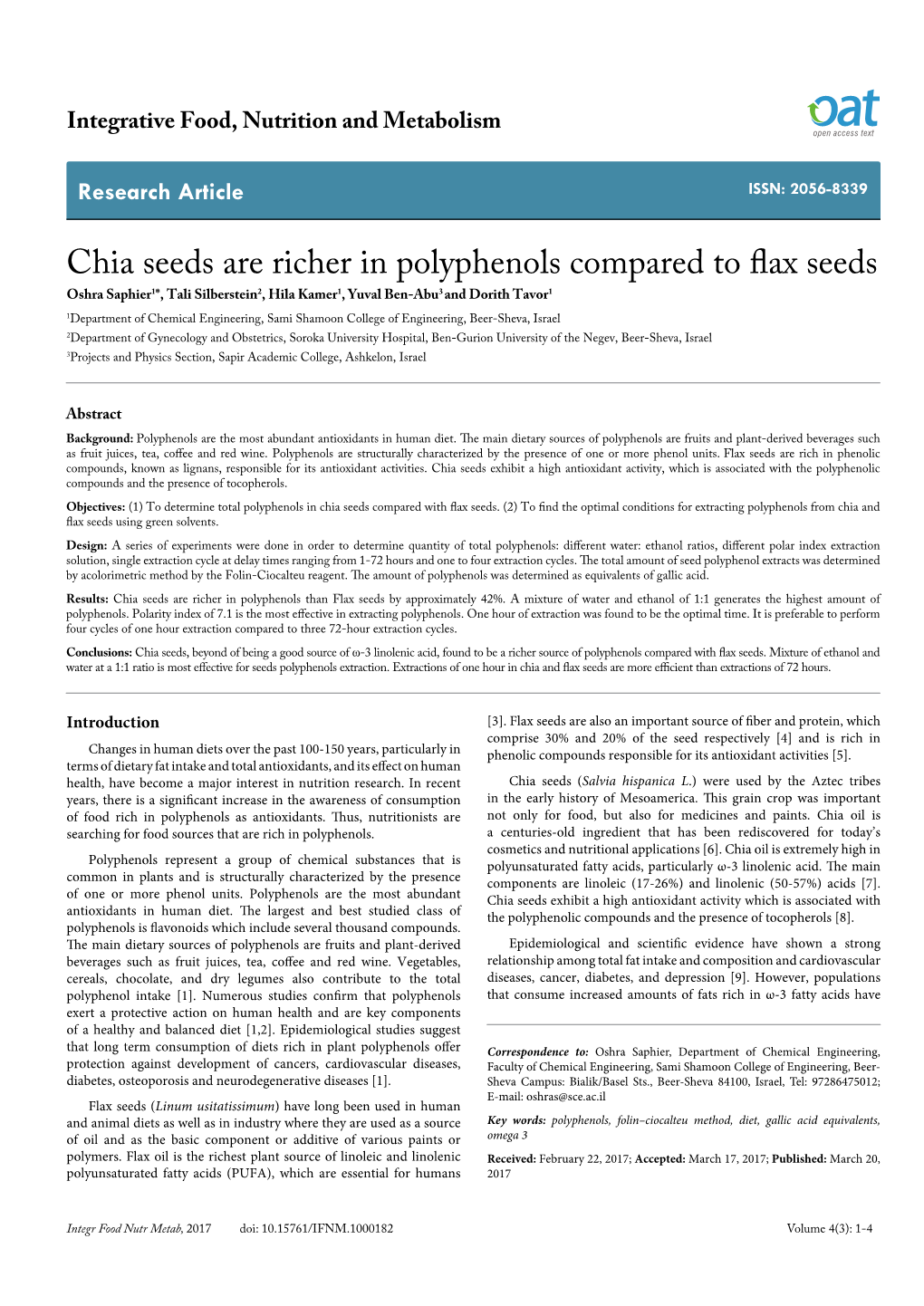 Chia Seeds Are Richer in Polyphenols Compared to Flax Seeds