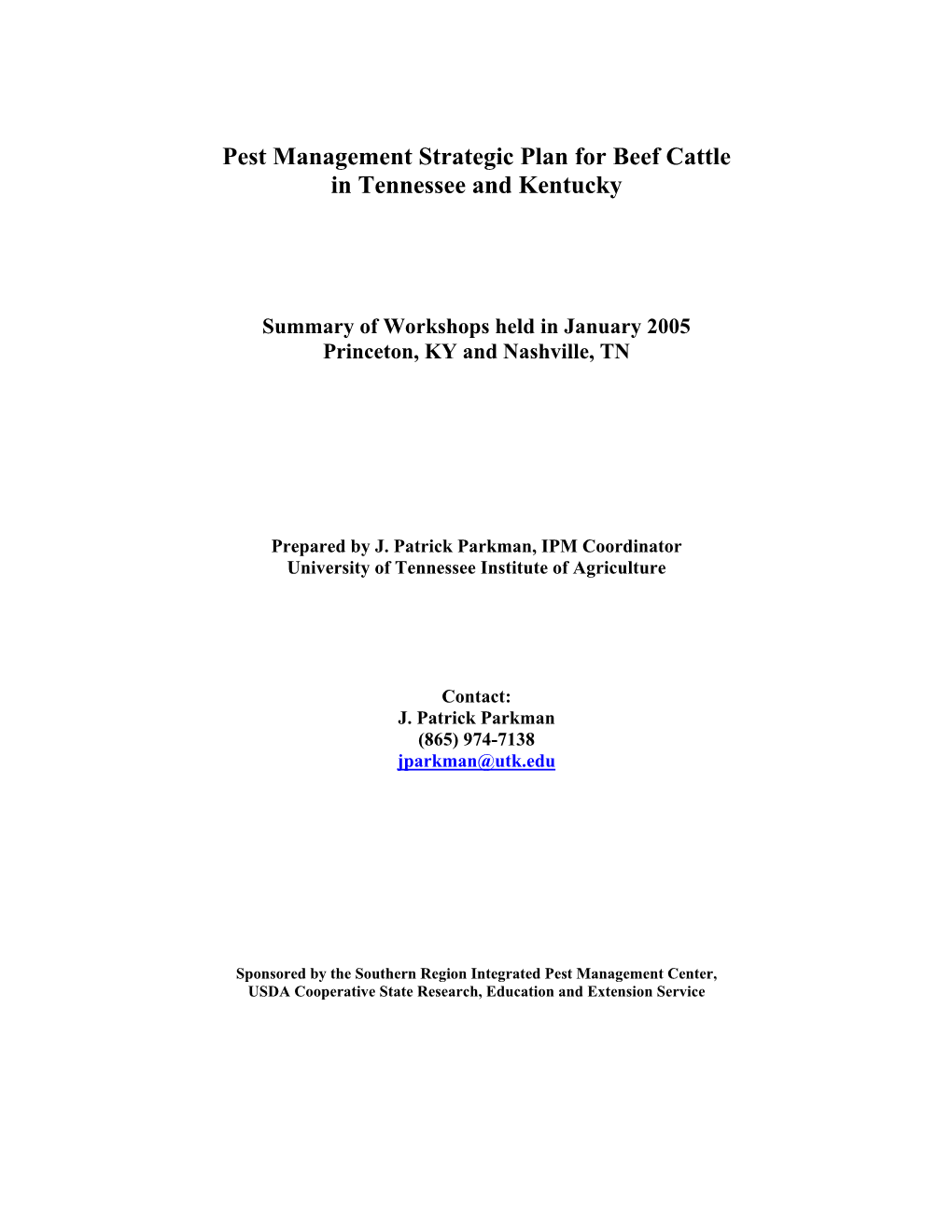 Pest Management Strategic Plan for Beef Cattle in Tennessee and Kentucky