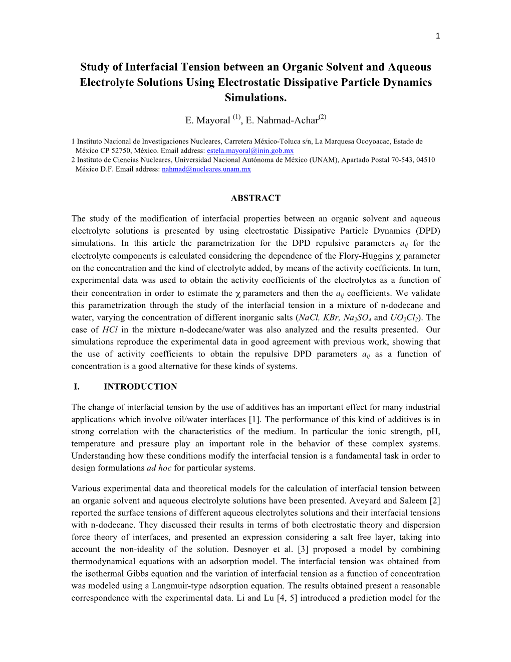 Study of Interfacial Tension Between an Organic Solvent and Aqueous Electrolyte Solutions Using Electrostatic Dissipative Particle Dynamics Simulations